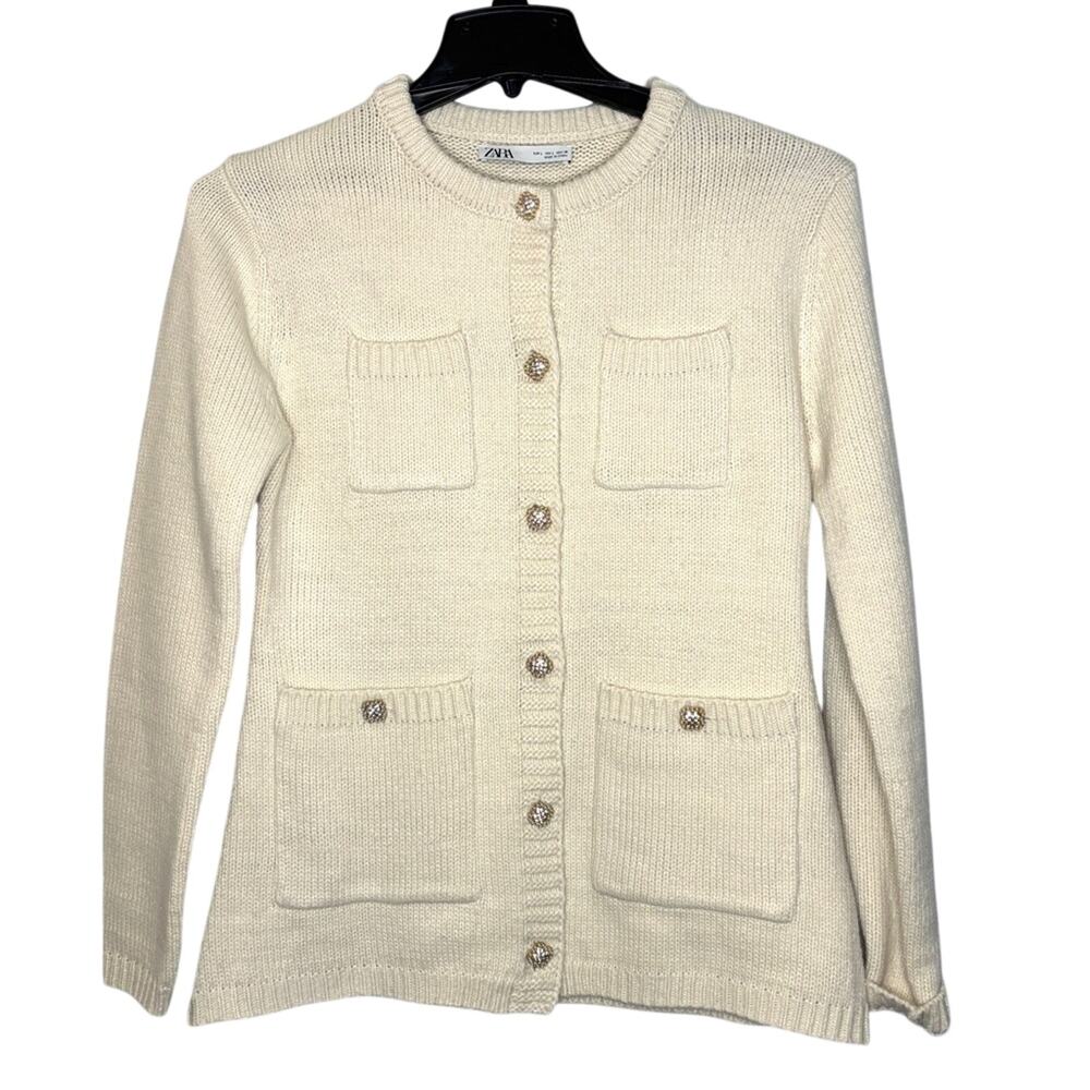 ZARA NWOT Cream Lady Sweater Cardigan w/ Rhinestone & Pearl Buttons L